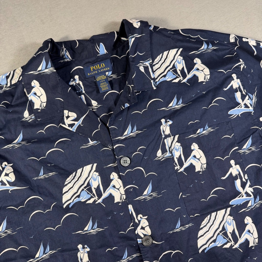 Polo Ralph Lauren Mens Navy Nautical Beach Print Cotton Sleep Shirt L P529RL